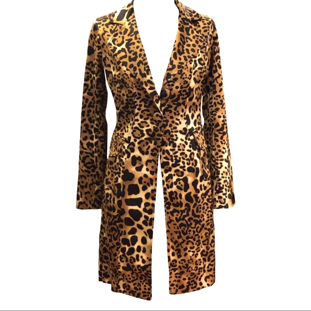 Cache Silky Leopard Print Fitted Midi Trench Coats - image 5